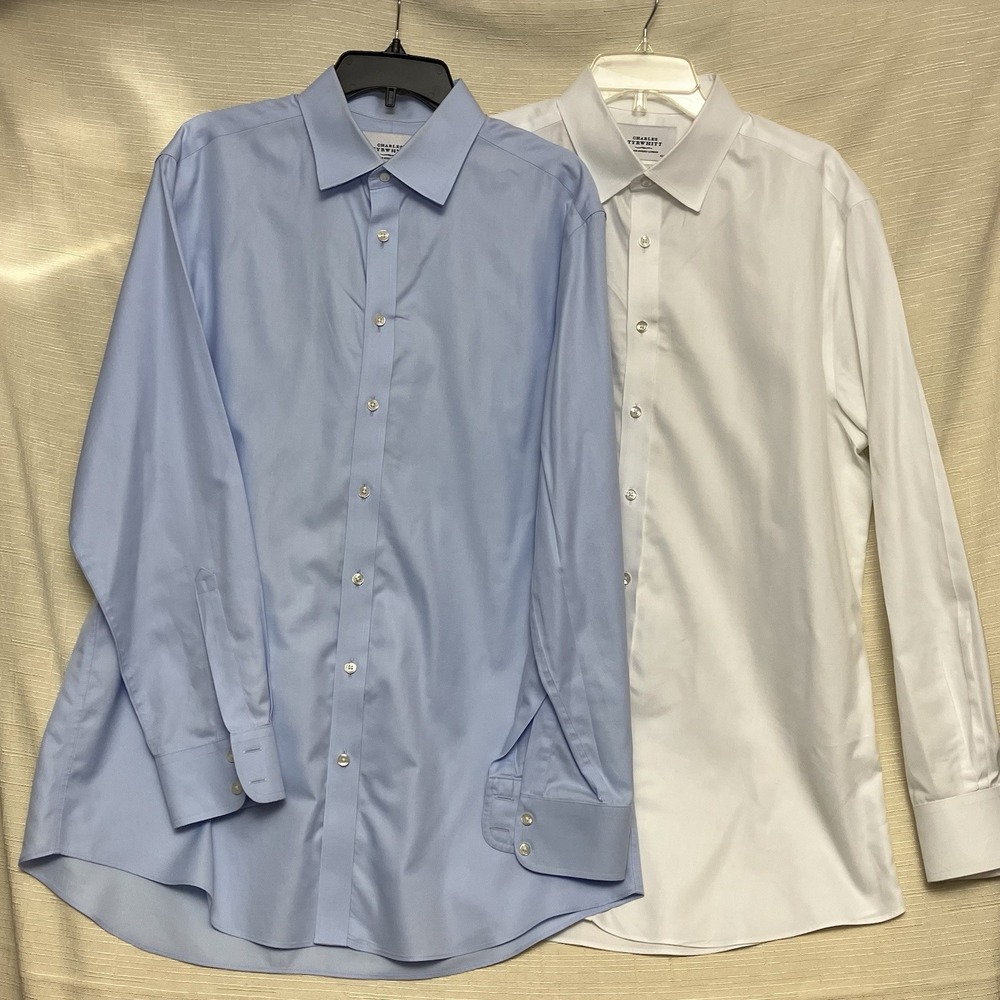 Charles Tyrwhitt Lot of 2 Dress Shirts Slim Fit White & Blue Non-Iron 17/35in